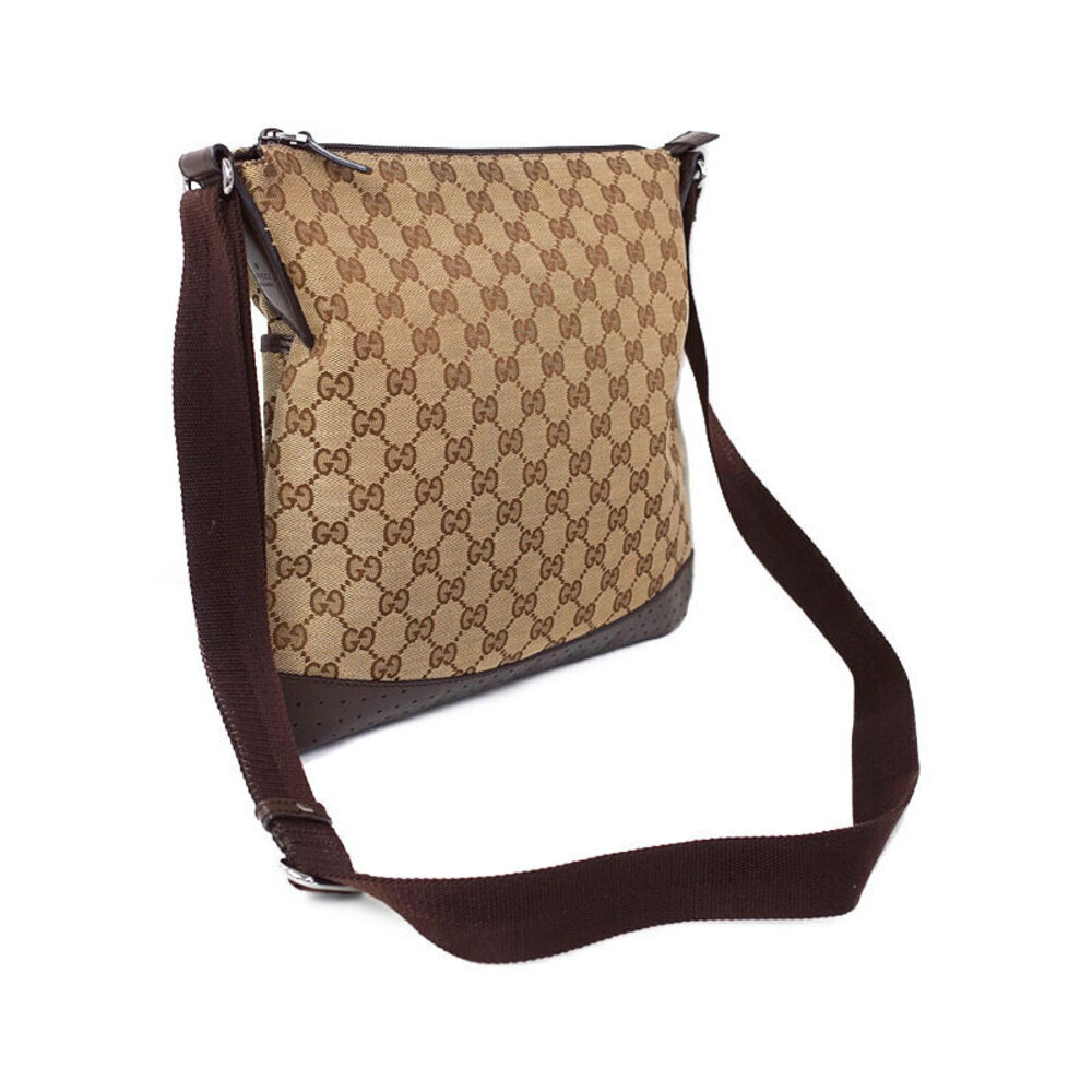 Gucci Brown Perforated Canvas GG Bag Crossbody Messenger Leather